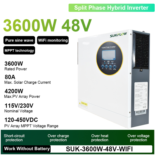 Sukflow 3.6KW Hybrid Inverter 24V/48V Split Phase Pure Sine Wave 80A MPPT Solar Charger