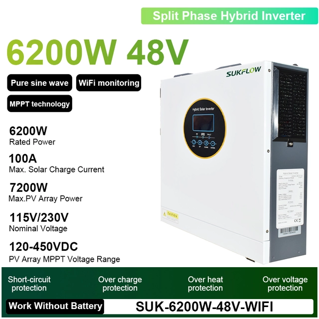 Sukflow 6.2KW 48V Hybrid Solar Inverter 120V/240V Split Phase Pure Sine Wave 100A MPPT Hybrid Inverter