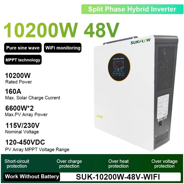 Sukflow 10.2KW 48V Hybrid Solar Inverter 120V 240V Split Phase Pure Sine Wave 160A MPPT Operates Without Battery
